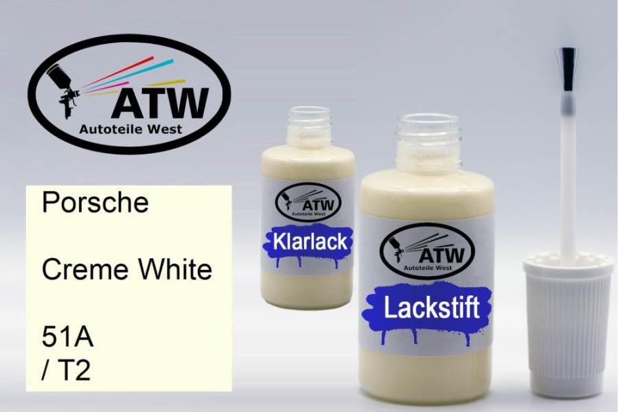 Porsche, Creme White, 51A / T2: 20ml Lackstift + 20ml Klarlack - Set, von ATW Autoteile West.